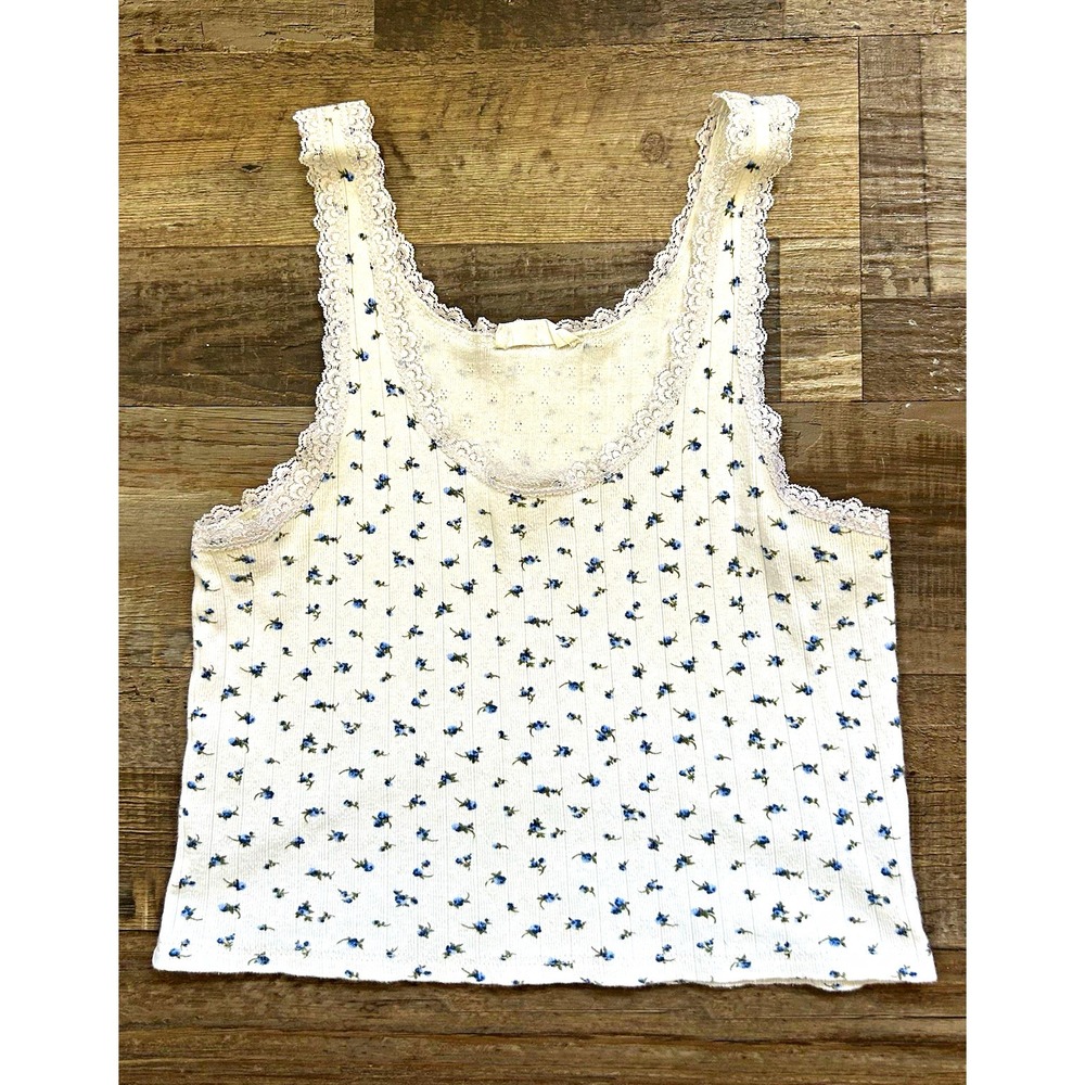 IVY + MAIN Women's White/Blue Floral Lace-Accent Cotton Knit Camisole Tank M